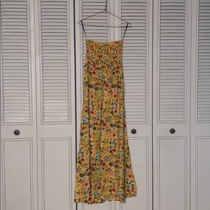 Yellow Floral Printed Strapless Maxi Dress